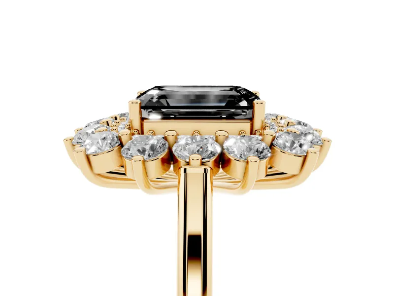 Emerald Cut Floral Double Halo Engagement Ring Setting for a Black Center | Plain Band | Yellow Gold
