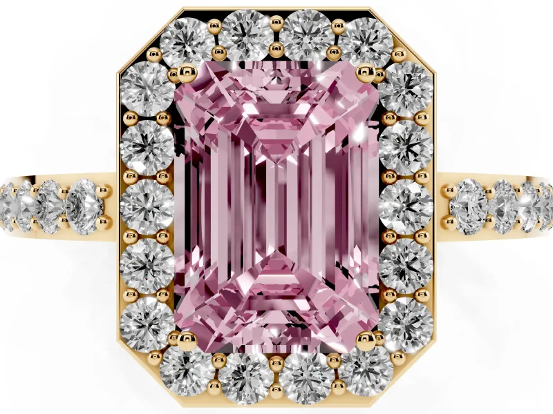 Fancy Pink Emerald Cut Diamond Halo Ring Set in Yellow gold with Pavé-Setting Band and Open Prong Center