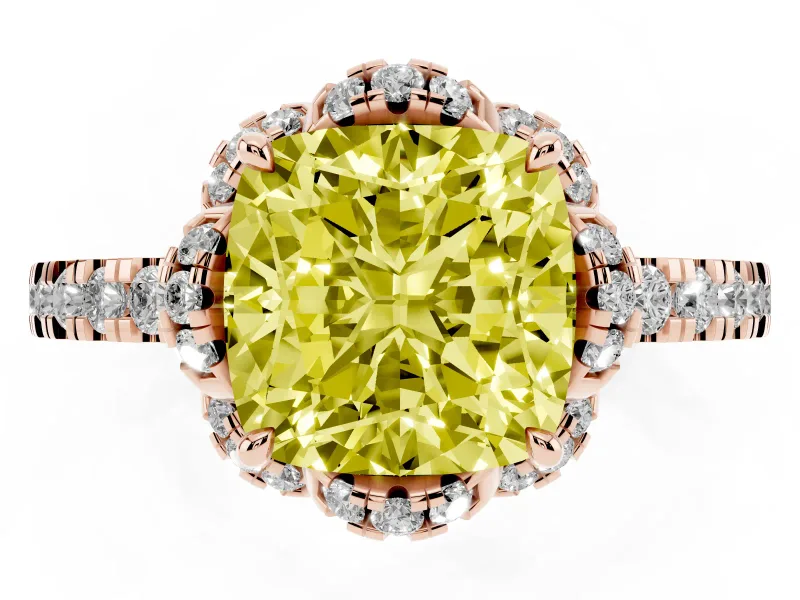 Cushion Cut Floral Petal Halo Engagement Ring Setting for a Fancy Yellow Lab-Grown Diamond | Pavé Band | Rose Gold