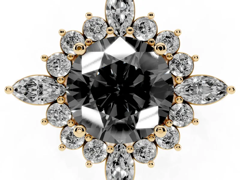 Round Cluster Halo Engagement Ring Setting for a Black Center | Yellow Gold