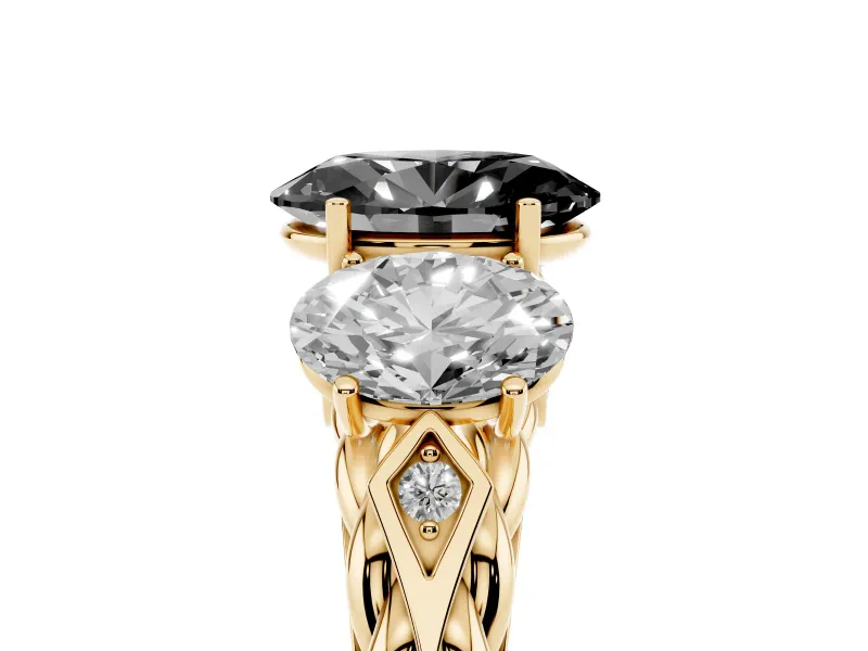 Fancy Black Oval Cut Diamond Three-Stone Ring Set in Yellow gold with Braided Band