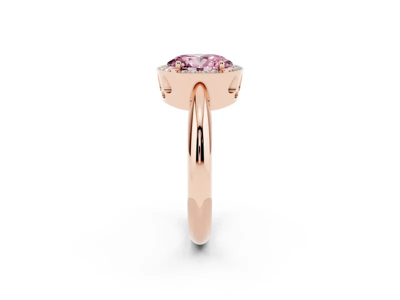 Fancy Pink Oval Cut Diamond Halo Engagement Ring Set in Rose gold with Plain Split Shank and Prong Setting