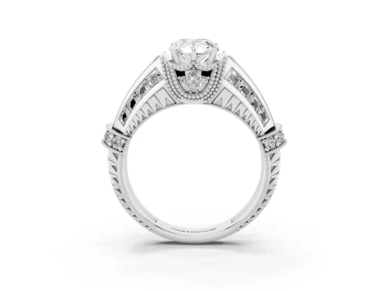 Pear Cut Diamond Vintage-Inspired Milgrain Ring Set in White gold with Accent Split Shank