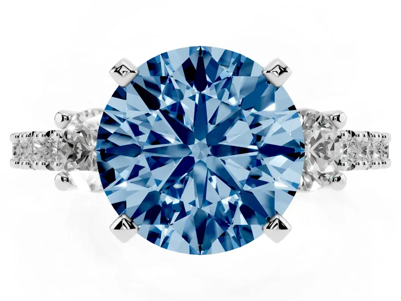 Fancy Blue Three-Stone Round Cut Diamond Pavé Band Ring Set in White gold with Prong Setting