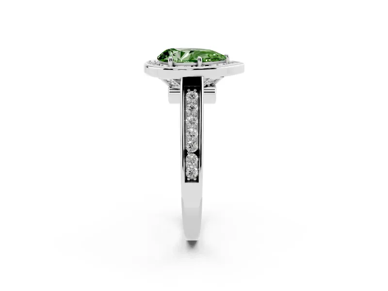 Fancy Green Pear Cut Diamond Halo Solitaire Ring Set in White gold with Pavé Band and Bezel Setting