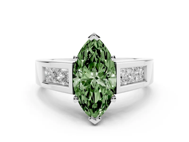 Fancy Green Marquise Cut Diamond Solitaire Ring Set in White gold with Channel-Set Accent Stones and Prong Setting