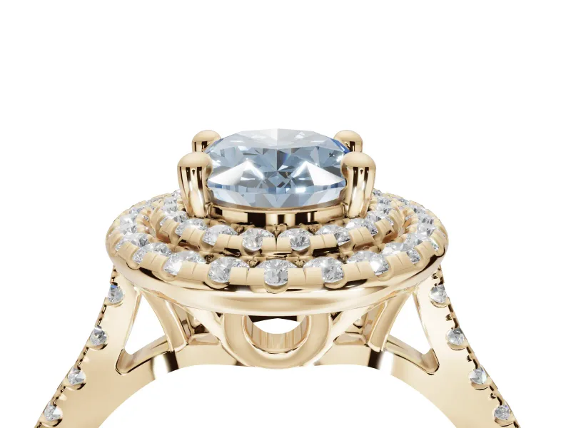 Oval Double Halo Engagement Ring Setting for a Fancy Blue Lab-Grown Diamond | Pave Shoulders | Yellow Gold