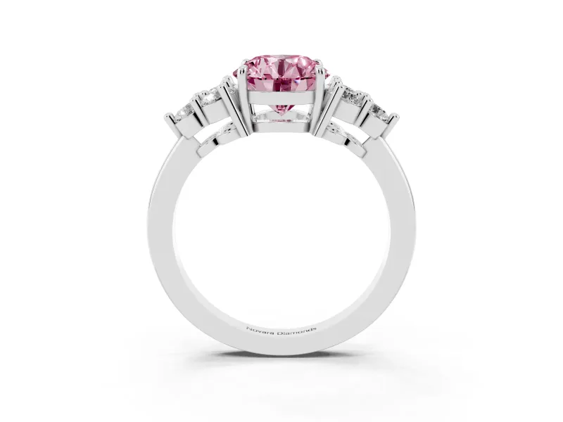 Round Cluster Side Stone Engagement Ring Setting for a Fancy Pink Lab-Grown Diamond | Plain Band | Sterling Silver