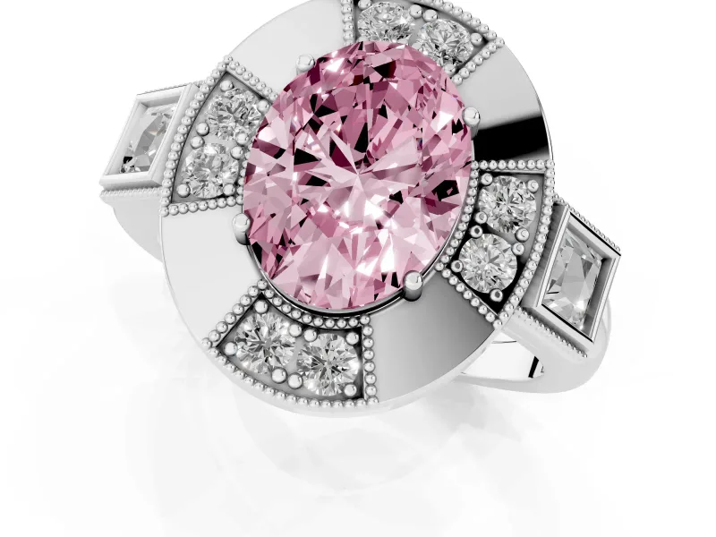 Fancy Pink Oval Cut Diamond Milgrain Halo Ring Set in White gold with Split Shank