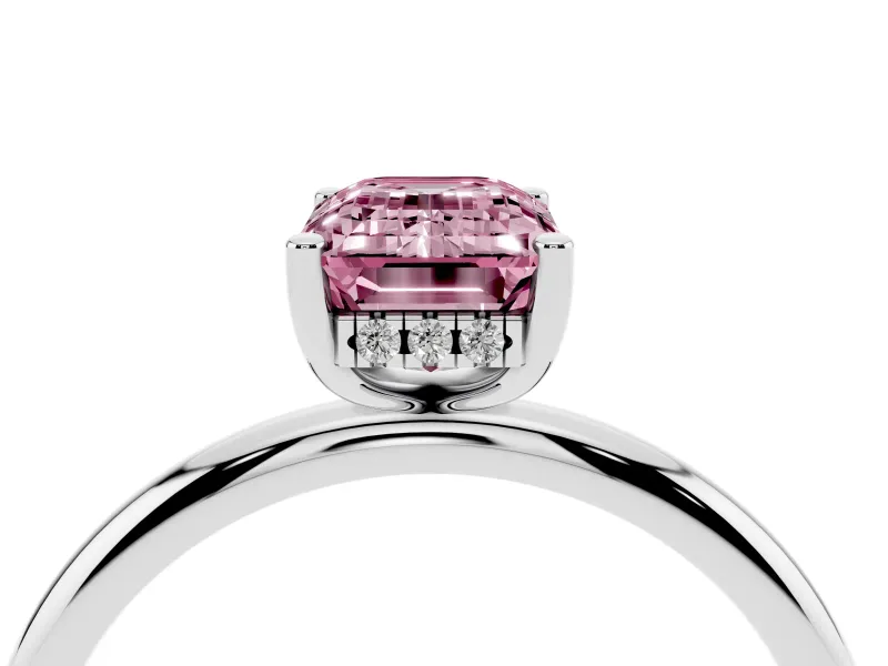 Fancy Pink Emerald Cut Diamond Solitaire Engagement Ring Set in Platinum with Prong Setting and Polished Band