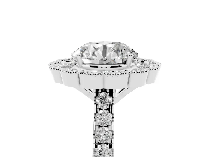 Round Cut Diamond Milgrain Floral Halo Engagement Ring Set in Platinum with Pavé Band
