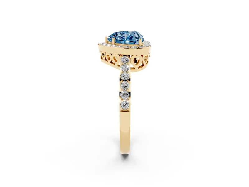 Heart-Shaped Halo Pave Engagement Ring Setting for a Fancy Blue Lab-Grown Diamond | Heart Cutout Gallery | Yellow Gold