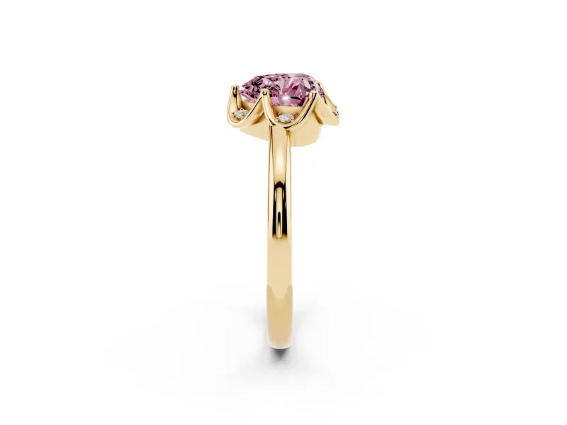 Fancy Pink Heart Cut Diamond Round Cluster Halo Ring Set in Yellow gold with Solitaire Band and Prong Setting