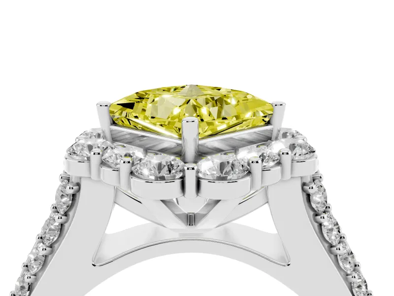 Fancy Yellow Princess Cut Diamond Halo Engagement Ring Set in Silver with Split Shank and Prong Setting