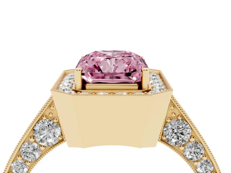 Radiant Cut Milgrain Halo Engagement Ring Setting for a Fancy Pink Lab-Grown Diamond | Side Stones | Yellow Gold