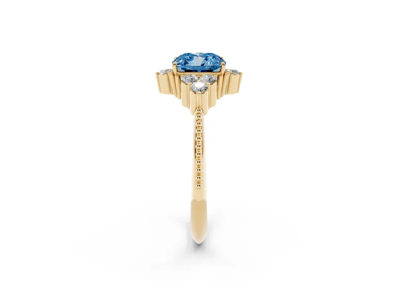 Cushion Cut Cluster Engagement Ring Setting for a Fancy Blue Lab-Grown Diamond | Yellow Gold