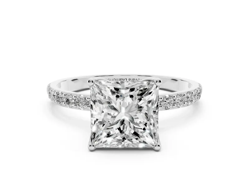 Princess Cut Diamond Solitaire Engagement Ring Set in White gold with Round Pavé Band and Prong Setting