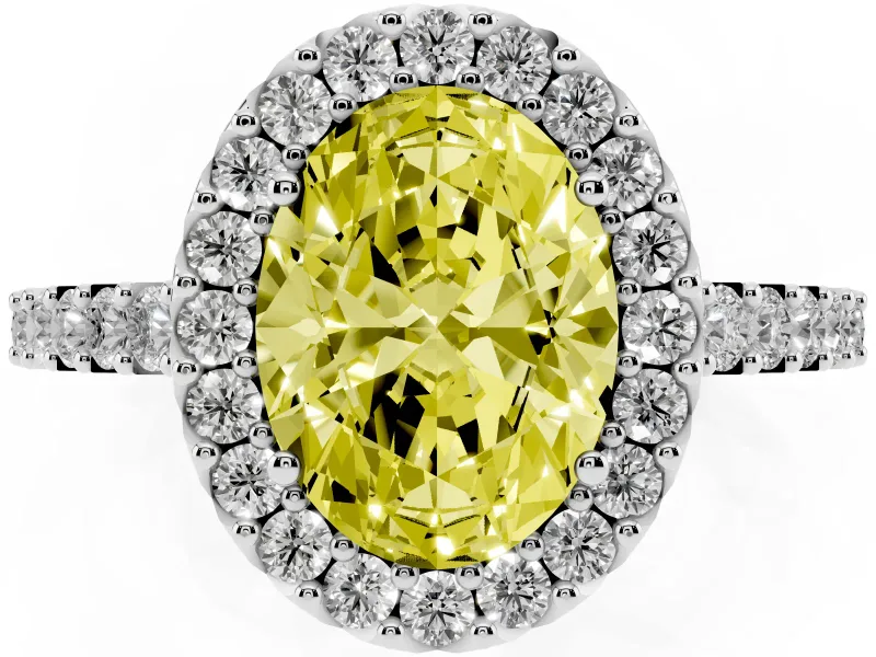 Fancy Yellow Oval Cut Diamond Halo Pavé Solitaire Ring Set in Silver with Prong-Set Center Stone