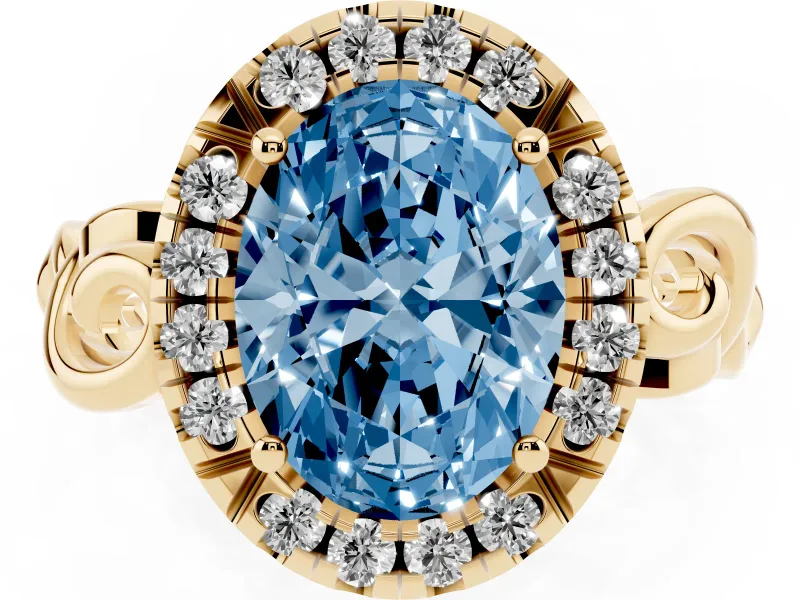 Oval Filigree Halo Engagement Ring Setting for a Fancy Blue Lab-Grown Diamond | Yellow Gold