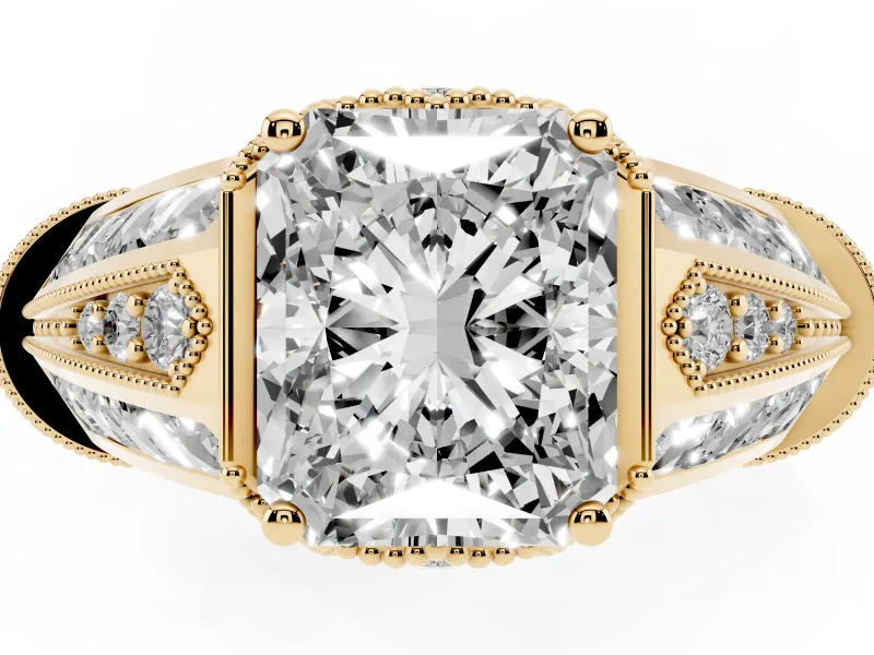 Radiant Cut Vintage Milgrain Engagement Ring Setting | Hidden Halo | Yellow Gold