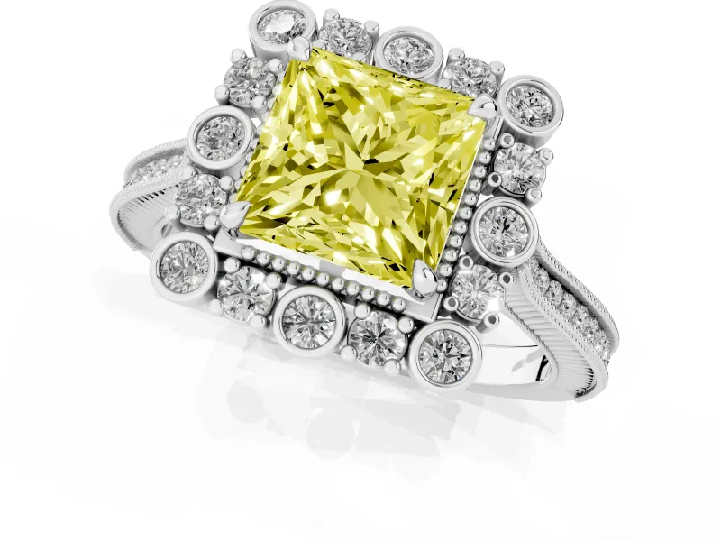 Fancy Yellow Princess Cut Diamond Halo Milgrain Pavé Ring Set in White gold with Prong Setting