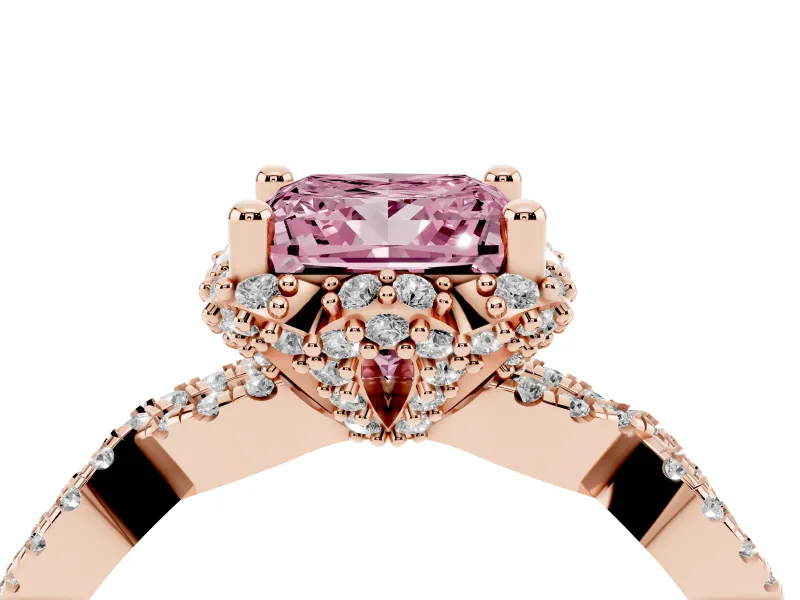 Princess Cut Milgrain Halo Engagement Ring Setting for a Fancy Pink Lab-Grown Diamond | Graduated Shoulders | Rose Gold