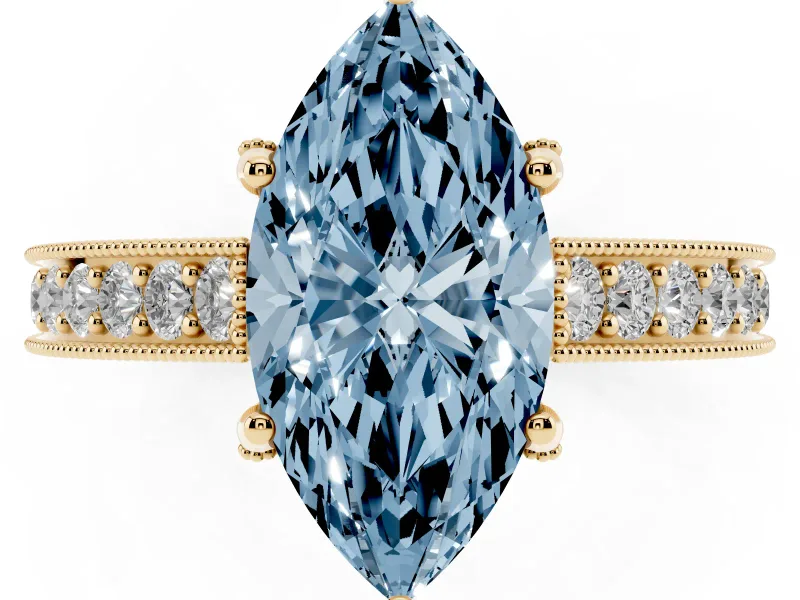 Marquise Hidden Halo Engagement Ring Setting for a Fancy Blue Lab-Grown Diamond | Milgrain Pave | Yellow Gold