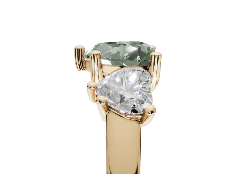 Heart-Shaped Three Stone Engagement Ring Setting for a Fancy Green Lab-Grown Diamond | Tapered Band | Yellow Gold