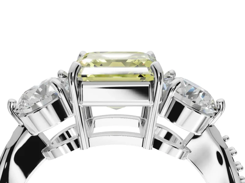 Asscher Cut Three Stone Engagement Ring Setting for a Fancy Yellow Lab-Grown Diamond | Tapered Pave Band | Platinum