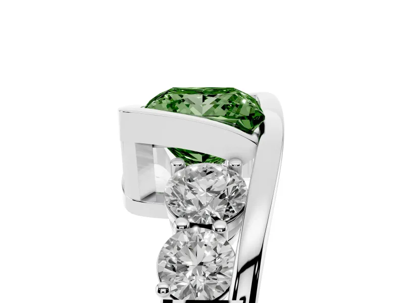 Fancy Green Princess Cut Diamond Bezel Bypass Ring Set in White gold with Round Accents
