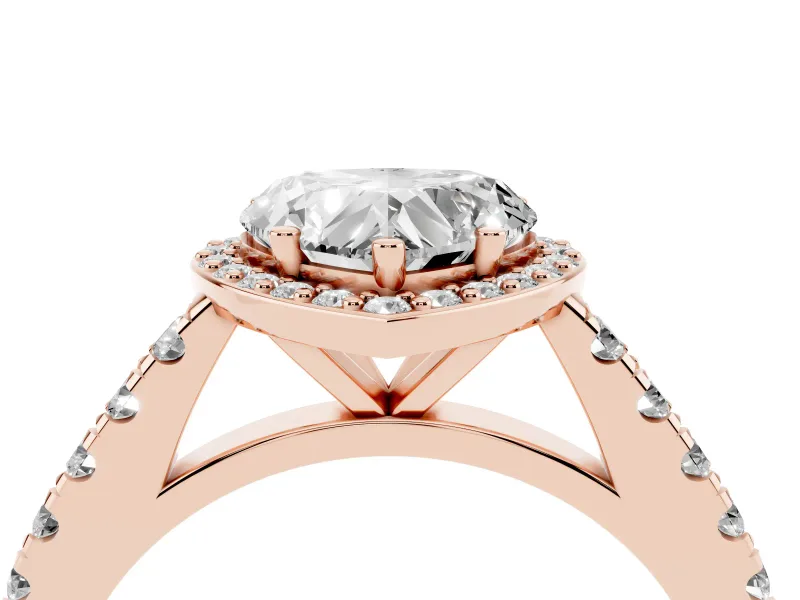 Heart Cut Diamond Halo Engagement Ring Set in Rose gold with Pavé Band and Prong Setting