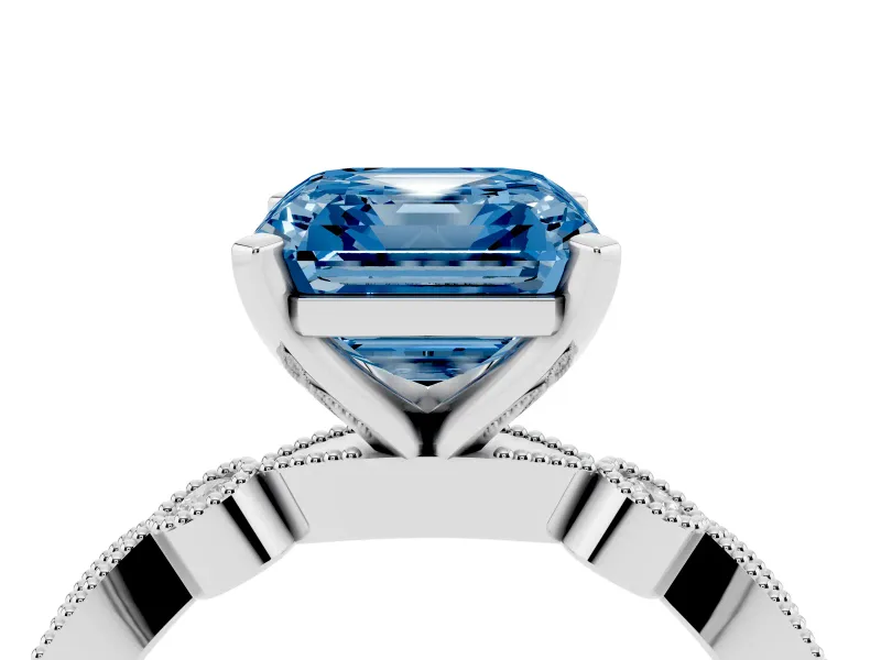 Fancy Blue Asscher Cut Diamond Solitaire Engagement Ring Set in Platinum with Milgrain Bezel Accent Band
