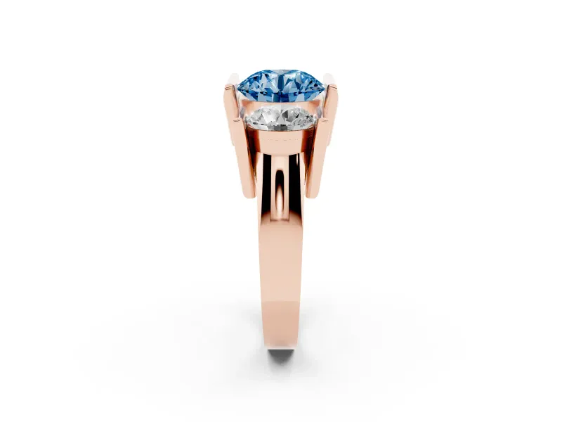 Fancy Blue Round Cut Diamond Three-Stone Channel Set Ring Set in Rose gold with Smooth Polished Band