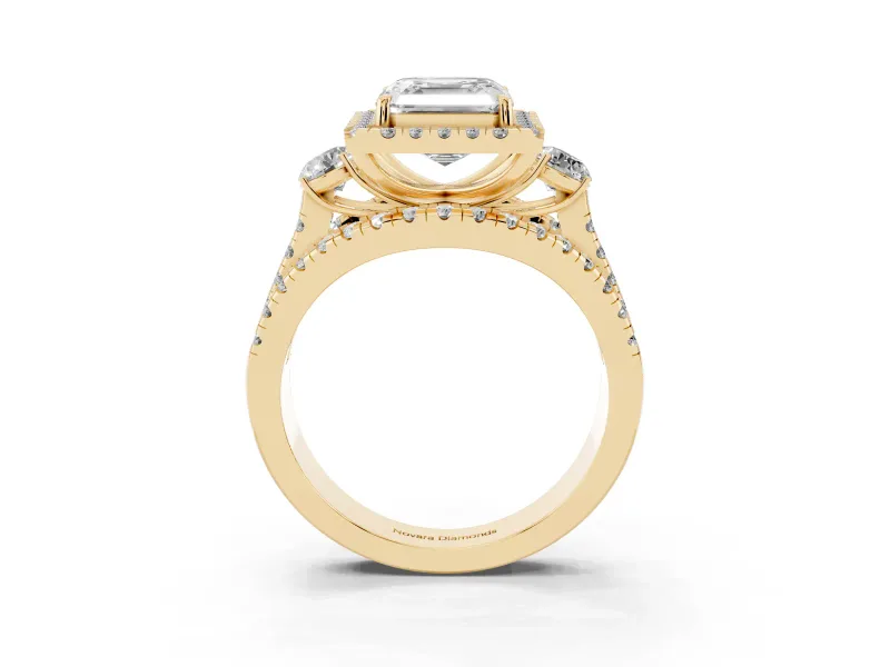 Asscher Cut Halo Split Shank Engagement Ring Setting | Round Side Stones | Yellow Gold