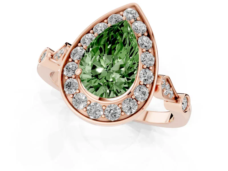 Pear-Shaped Halo Engagement Ring Setting for a Fancy Green Lab-Grown Diamond | Bezel Station Shoulders | Rose Gold