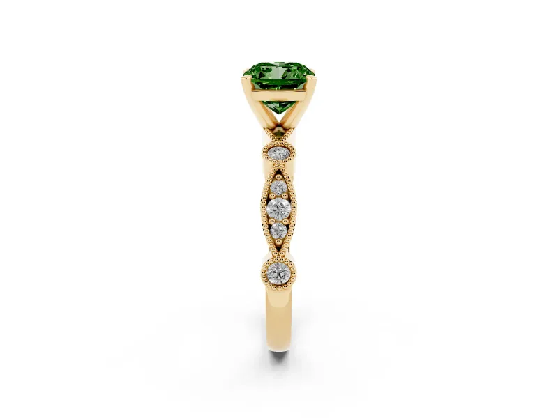 Fancy Green Cushion Cut Diamond Solitaire Engagement Ring Set in Yellow gold with Milgrain Bezel Accent Band