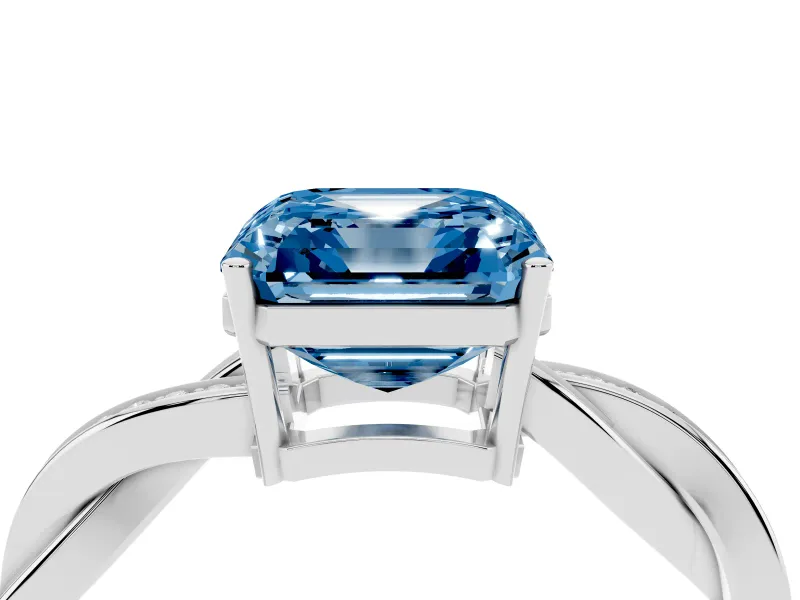 Fancy Blue Asscher Cut Diamond Solitaire Twisted Pavé Ring Set in Platinum with Prong Setting