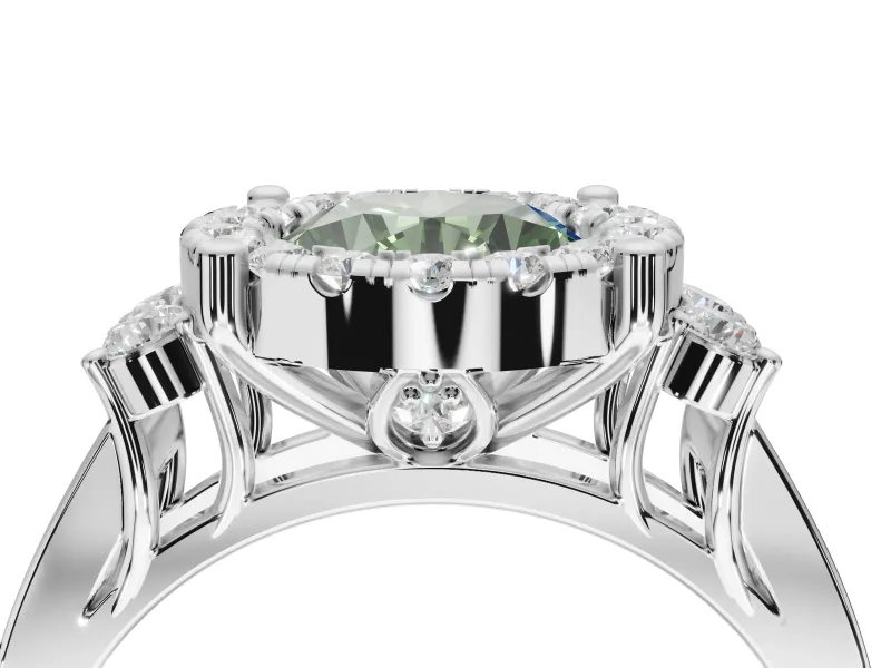 Round Halo Engagement Ring Setting for a Fancy Green Lab-Grown Diamond | Side Clusters | Platinum