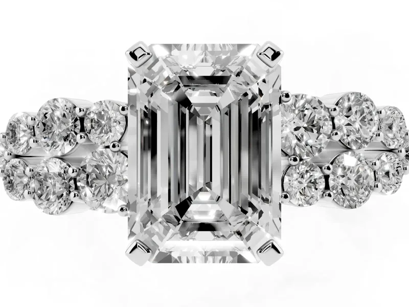 Emerald Cut Diamond Cluster Engagement Ring Set in Platinum with Pavé Band and Prong Setting