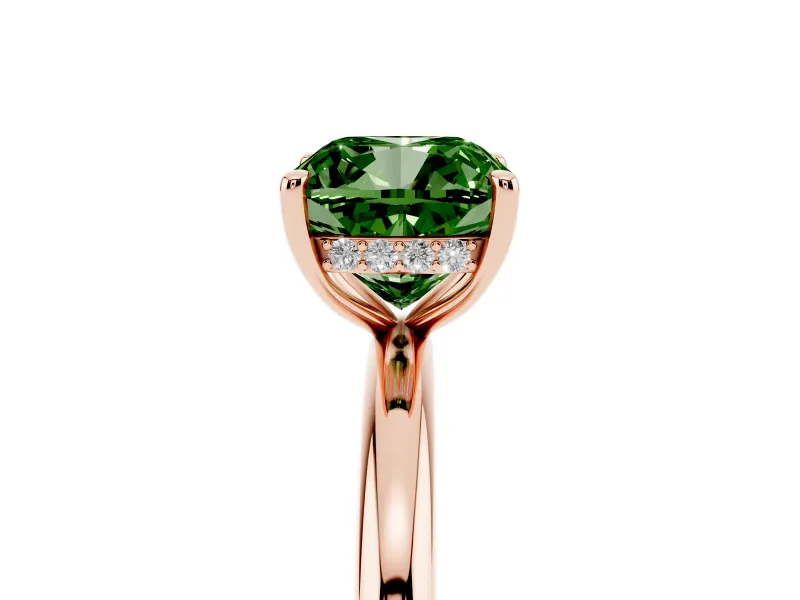 Fancy Green Cushion Cut Diamond Solitaire Ring Set in Rose gold with Thin Band and Prong Setting