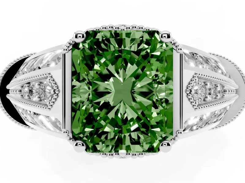 Fancy Green Radiant Cut Diamond Vintage-Inspired Milgrain Ring Set in Silver with Accent Split Shank