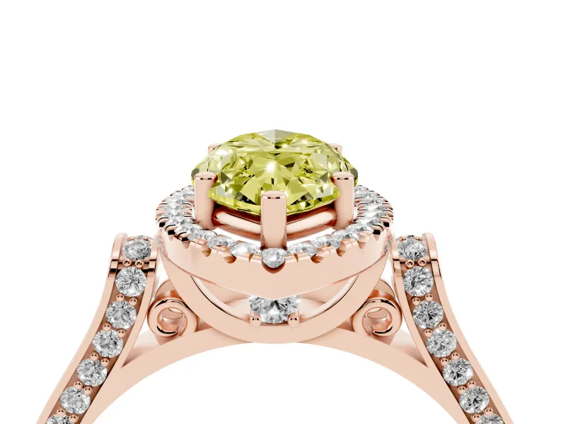 Fancy Yellow Marquise Cut Diamond Halo Ring Set in Rose gold with Pavé-Lined Split Shank Band
