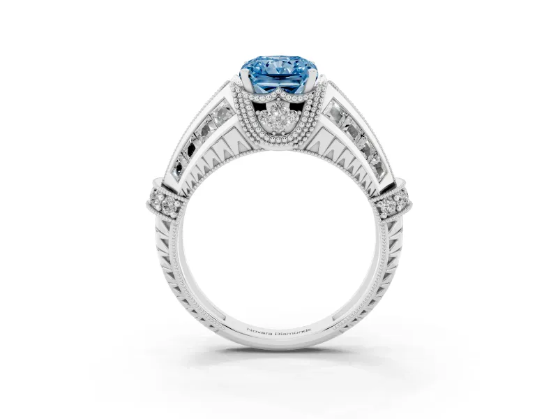 Fancy Blue Radiant Cut Diamond Vintage-Inspired Milgrain Ring Set in Silver with Accent Split Shank
