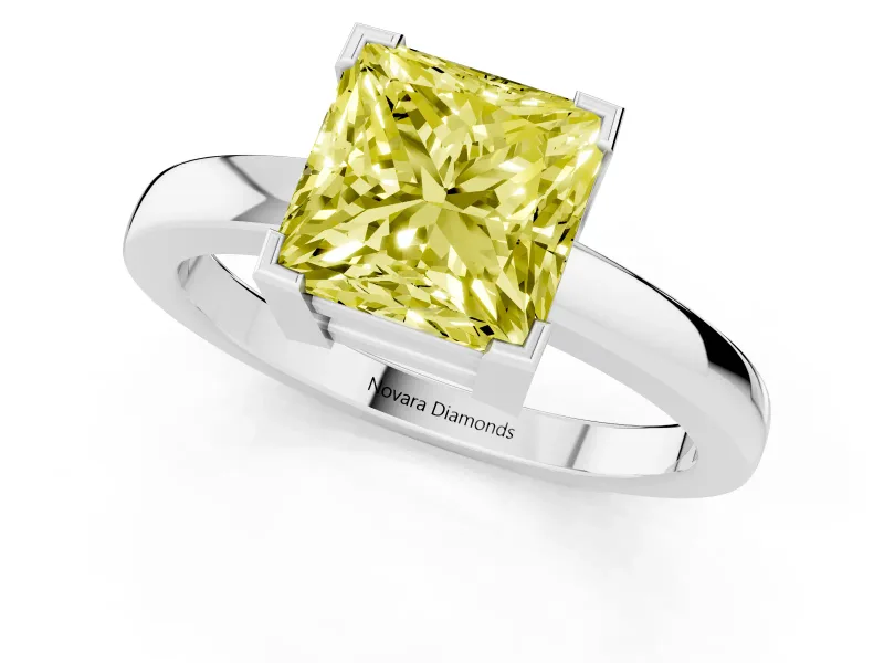 Fancy Yellow Princess Cut Diamond Solitaire Ring Set in White gold with Prong Head and Smooth Polished Band