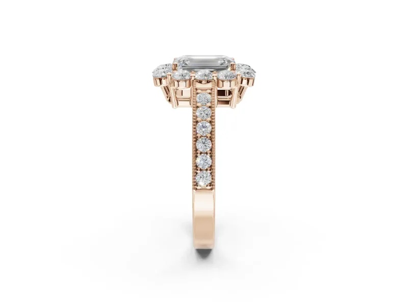 Emerald Cut Vintage Halo Engagement Ring Setting | Milgrain Channel Band | Rose Gold