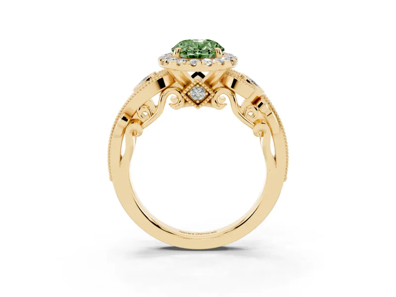 Oval Vintage Halo Engagement Ring Setting for a Fancy Green Lab-Grown Diamond | Bezel Shoulder Accents | Yellow Gold