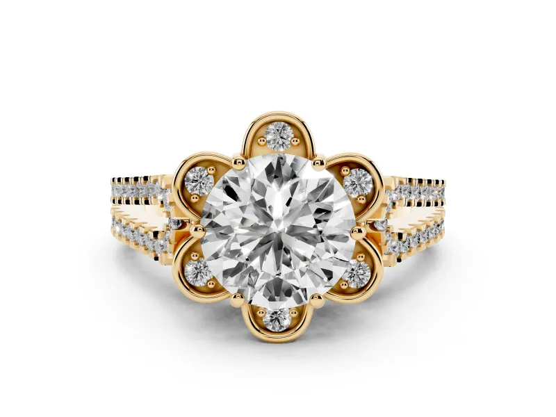 Round Cut Diamond Floral Halo Split Shank Engagement Ring Set in Yellow gold with Pavé Shank