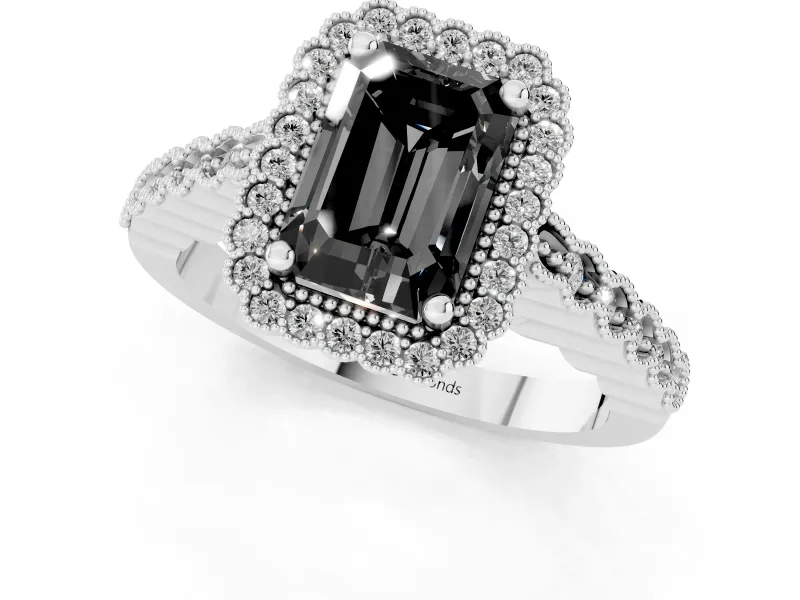 Radiant Cut Milgrain Halo Engagement Ring Setting for a Black Center | Beaded Shoulders | Platinum