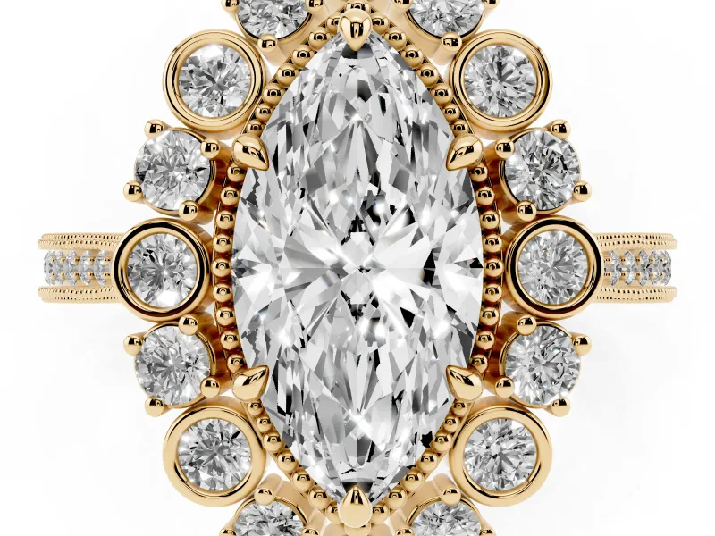 Marquise Vintage Scalloped Halo Engagement Ring Setting | Milgrain Pavé Band | Yellow Gold