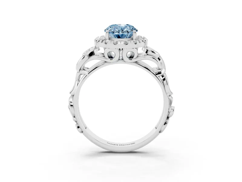 Fancy Blue Oval Cut Diamond Halo Ring Set in Platinum with Scrollwork Band and Prong Setting